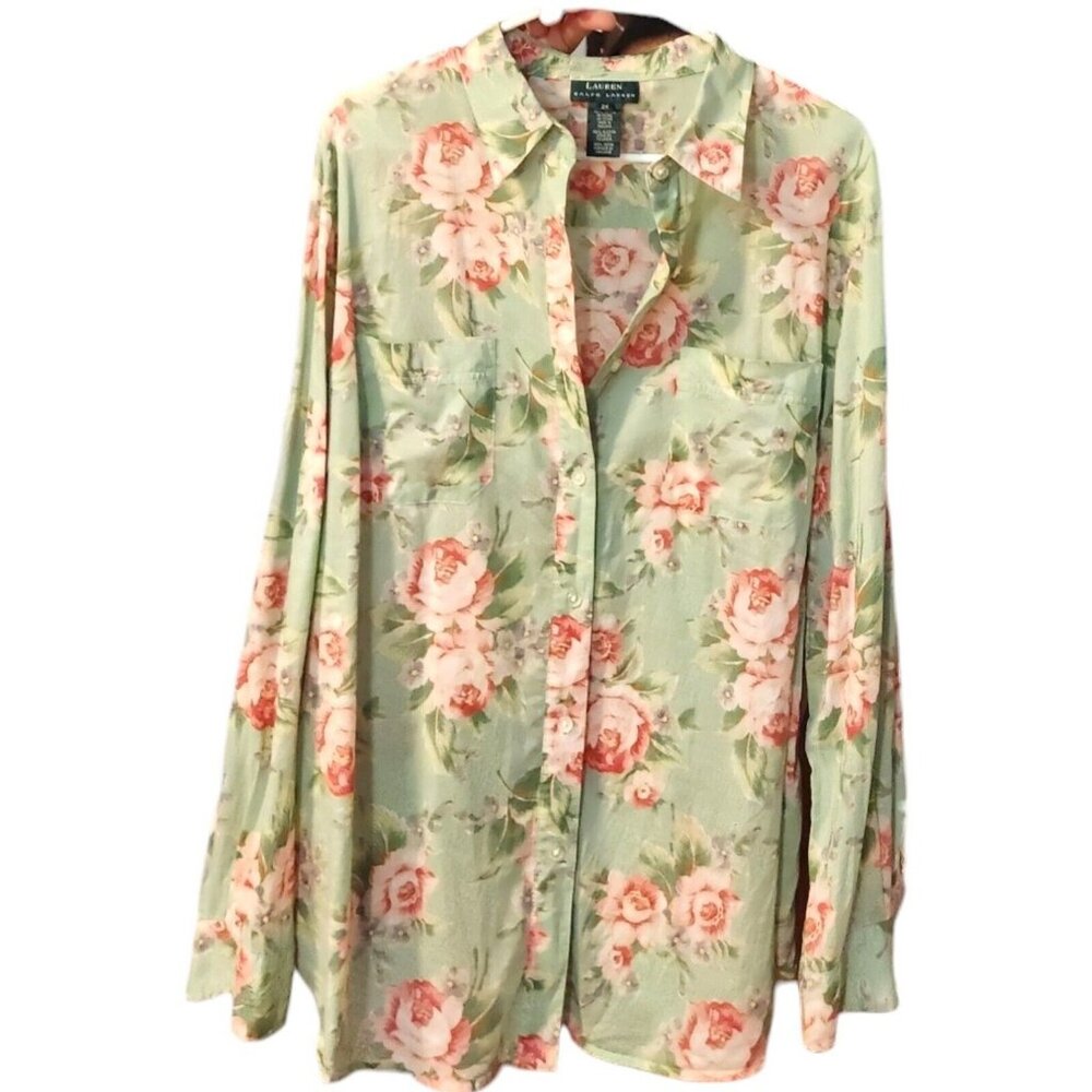 Ralph Lauren Mint Green Rose Flower Print Floral  Button Up Dress Shirt Work 2X